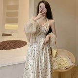 Zingj Size Fat MM Show Thin Hot Girl Summer Hanging Neck Type Broken Flowers In The Long Skirt Fairy Temperament French Accept Waist Dress-Outfit