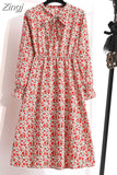 Women Casual Spring Autumn Dress Korean Style Vintage Floral Printed Shirt Dress Long Sleeve Elegant Bow Midi Summer