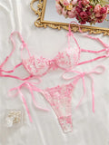 Ribbon Tie Up Embroidery Flower Half Cup Lingerie Set- Outfit
