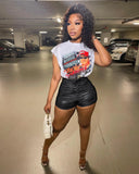 Leather Women Shorts High Waist Lace Up Folds Skinny Trousers 2022 Summer Cycling Shorts Sexy Night Club Party Short