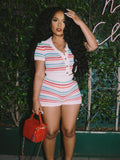 Striped Knitted Tracksuit 2Piece Set Women Shorts Sleeve Botton Cardigan Tops+Shorts Lady Matching Streetwear
