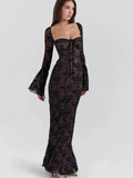 Lace Square Neck Long Flare Sleeve Maxi Dress- Outfit