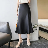 Summer Midi High Waist Satin Skirt Elegant A-Line Solid Office Ladies