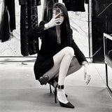 Women's 2025 Show Bao Head One-Word Water Drill Buckle Women's Shoes Fine Heel Black Silk Satin Giant Beauty Single