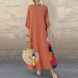 Vintage Maxi Dress Summer Solid O Neck Stitching Printed 3/4 Sleeve Side Buttons Dresses Loose Casual Long Dress Plus