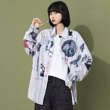 Harajuku Shirts Women Vintage Print Black Top Button Up Short Sleeve Feminine Blouse Korean Fashion Streetwear
