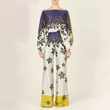 2025 New Set Women's Printed Round-Neck Loose Bat Sleeves Wide Leg Trousers Fashion