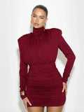 Turtleneck Long Sleeve Puff Pleated Mini Dress- Outfit