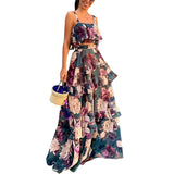 Spot 2025 Women's Fashion Holiday Wind Strap Top Print Flounce Skirt Two-Piece