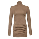 Ribbed Knit Turtleneck Long Sleeve Winter Runched Dresses For Women 2022 Autumn Bodycon Lady Short Black Sheath Mini