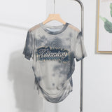 Real Shooting Embroidery With Straight Shoulder Short-Sleeved Mesh T-Shirt Fold Irregular Perspective Hood Top