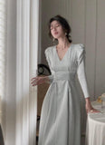 V-neck Long Sleeves Midi Dresses for Women 2023 Autumn New Elegant Party Fashion Slim Vintage Casual Blue Female