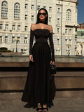 Off-Shoulder Long Sleeve Flare Maxi Dress- Outfit
