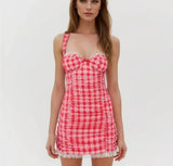 Red Plaid Plaid Dot Ruched Mini Dress- Outfit