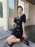 Butterfly Embroidered Collar Vintage Mini Dress Women Short Sleeve Summer Ladies Frog Button Black Dress 2021