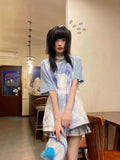 Tops Cartoon Print Loose T Shirts Women Japanese Casual Y2k Aesthetic Grunge Harajuku Contrast Color Patchwork