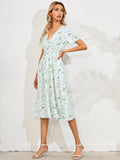 Queens Women Floral Print Short Sleeve Beach Sexy Bohemian Midi Dress Ladies V-neck Boho Sundress