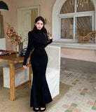 Elegant Black Mermaid Dress Women Casual Chic Long Sleeve Sexy Evening Party Dress French Vintage Pretty Long Dress