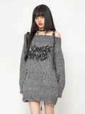 Gothic Sexy Off Shoulder Knitted Jumpers Grunge Jacquard Sweater Fashion Knitwear Y2k Aesthetic Slash Neck