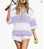 Spring And Summer New Women's Striped Half-Sleeved Oversized Shorts Casual Sportswear Two