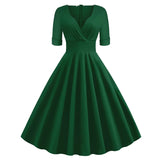 Green Solid Rockabilly 1950S Vintage Ruched V Neck Elegant Party Dress Women 2021 Summer Half Sleeve A Line Midi