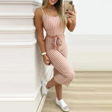 Women Daily Wear Outfits Pink Striped Sleeveless Lace-Up Sexy Spaghetti Strap Jumpsuit Summer Elegant Skinny Long