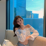 Zingj And Summer 2024 New One-Line Collar Off-Shoulder Design Top Female Student High Waist Crop Bubble Sleeve T-Shirt-Outfit