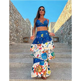 Two Pieces Skirt Sets Suspenders Tube Top Skirts Sweet Printed Bra Bare Waist Chic Evening Party Clothing Beach Dance