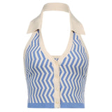 Halter Sleeveless Knitted Crop Top Women Sexy Backless Tank Top Autumn Print V Neck Vest Ladies Button