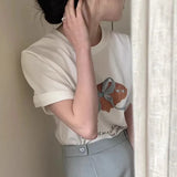 Zingj East Gate Spring Minority Age Reduction Round Collar Tie Bow Print Loose Versatile Short-Sleeved T-Shirt