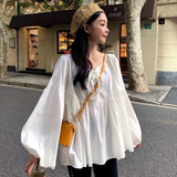 Women Loose Puff Sleeve O-Neck Solid Korean Style Autumn Female Blouses Fashion Leisure All-match Streetwear Popular