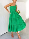 Summer Green Long Dress Women Elegant One Shoulder Dress Ladies Floral Print Maxi Party Pleated Dress For
