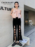 Y2k Velvet Black Flare Pants Women Hollow Out Trousers High Waist Bow Designer Bottoms 2022 Summer