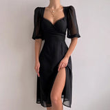 Summer Dresses Square Neck Black Dress Women Hight Waist Short Sleeve Party Sexy Split Dresses Elegant Casual