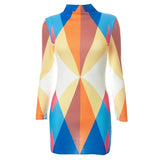 Women Autumn Long Sleeve Color Block Bodycon Printed Knitted Mini Dress 2021 Fall Femlae Clothing Streetwear