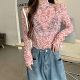 Sheer Mesh Top T-shirt Women Clothes Long Sleeve 2022 New Spring Summer Korean See Through Crop Top Tshirts Y2k