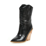 Autumn Women Boots Pu Leather Wedge High Heel Ankle Boots Winter Cowboy Boots Fashion Western Boots Woman Denim