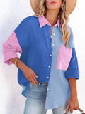 New Long-sleeved Shirt Women's Contrast Color Stitching Off-the-shoulder Cardigan Shirt Fashion Casual Women's