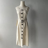 Green Cotton Mini Dress Summer for Woman Front Buttons Camisole Dress Split Square Collar Belt robe