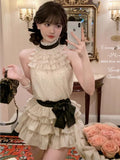 Fashion Polka Dot Pleated Shirt 2 Piece Set Women Summer Sweet Tower Skirt + Sleeveless Chiffon Tops Outfits Y2K