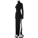 Turtleneck Long Sleeve Draped Slit Maxi Dress- Outfit