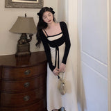 Korean Sweater Knitting Bandage Woman Dress Patchwork Lace Two-piece Suit Maxi Dresses for Women Party Autumn 2023