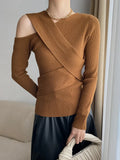 Fashion Women's Knitted Pullover Oblique Collar Slim Solid Color Long Sleeve Cross Bandage Sweater Autumn 2023 New