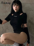 Rib Knit Hollow Out Bodysuit Two Piece Set Patchwork Short Sleeve Bodycon Jumpsuit for Women Goth Top Black Body