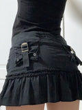 Mall Goth Y2K Zip Up Low Waist Black Denim Skirts Y2K Aesthetics Cute Pockets Trim Ruffles Mini Skirt Patchwork