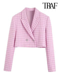 Women Fashion Tweed Houndstooth Cropped Blazer Coat Vintage Long Sleeve With Bejewelled Buttons Female Outerwear