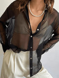 Button Front Semi Sheer Long Sleeve Blouse-Outfit