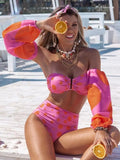 New Sexy High Waist Bikini Set Belt Bottom Swimwear Women Long Sleeve Bather Suit Beachwear Printed Biquini