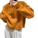Zingj Short Round Collar Zipper Candy Color Knit Cardigan Female Autumn Winter New Show Thin Versatile Sweater Coat-Outfit