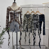 Real Shooting Wasteland Hottie Make Old Hole Tie-Dye V-Neck Irregular Ribbon Long-Sleeved Top Short T-Shirt